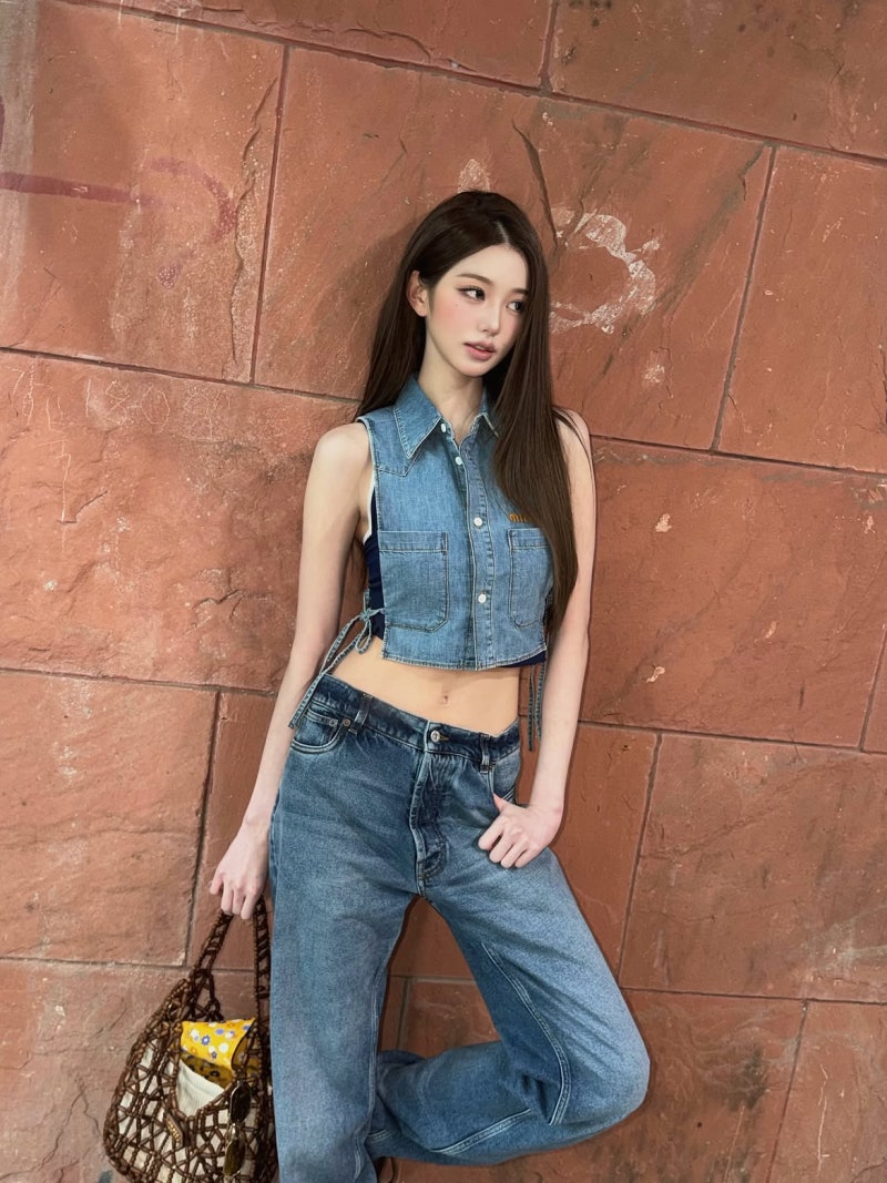 Won-young's impossible proportions meet Miu Miu cool: how denim and beige own a denim look