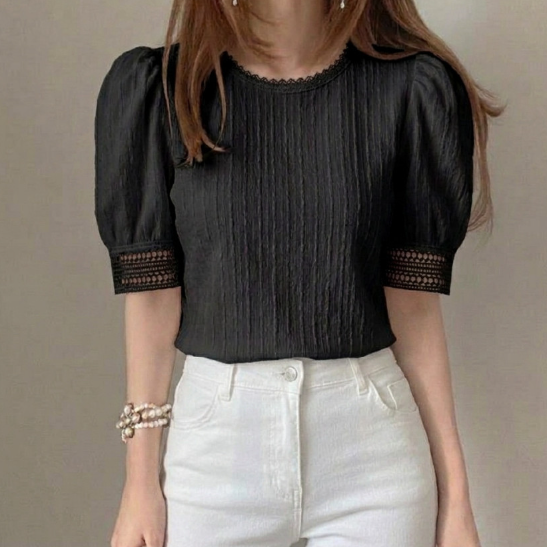 Pit stains and back rolls got you reaching for the cardigan constantly? Perfect arm coverage meets office elegance in one lace-neck blouse
