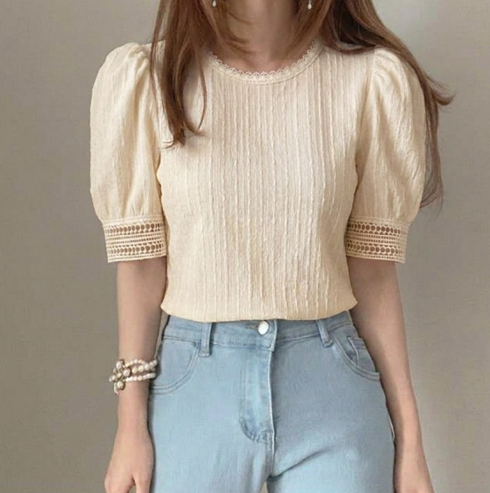 Pit stains and back rolls got you reaching for the cardigan constantly? Perfect arm coverage meets office elegance in one lace-neck blouse