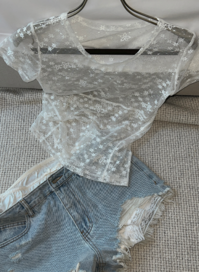 Pair this with low-rise bottoms and your proportions suddenly go next level—sheer mesh tee with floral embroidery is an instant wardrobe hero