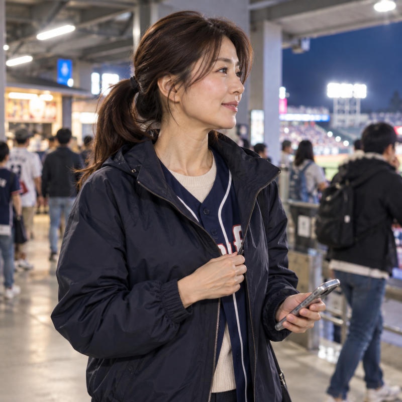 My hands are freezing from the 7th inning onwards, I won't even be able to cheer… Women's baseball stadium outfits for the sudden drop in night temperatures in October