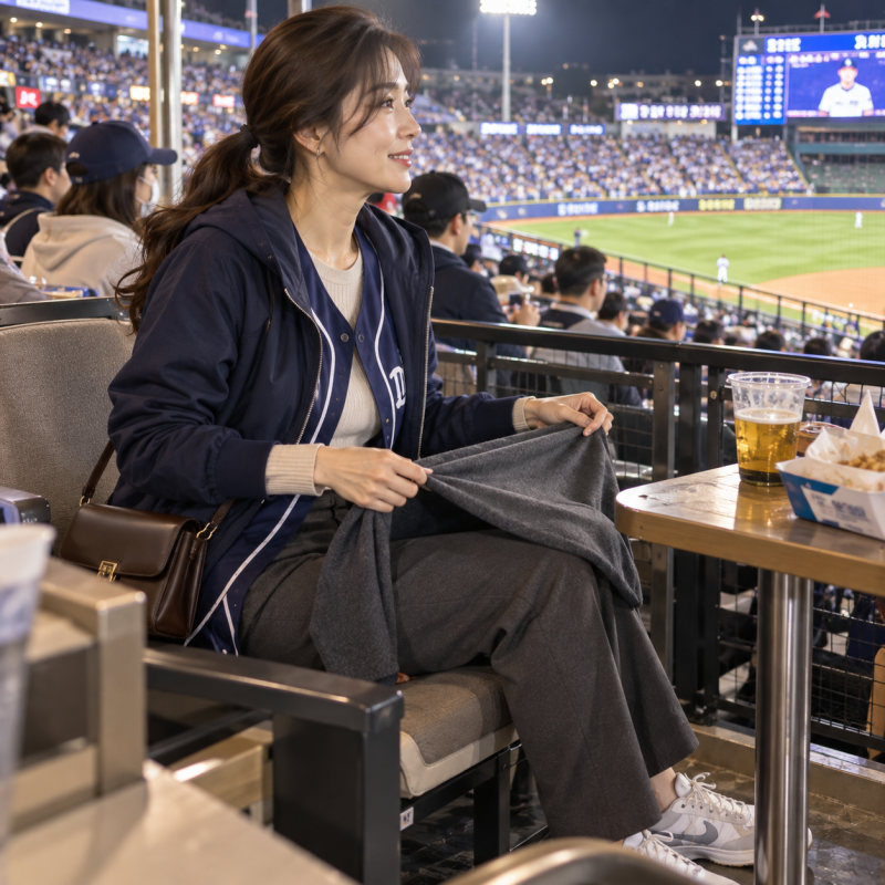 My hands are freezing from the 7th inning onwards, I won't even be able to cheer… Women's baseball stadium outfits for the sudden drop in night temperatures in October