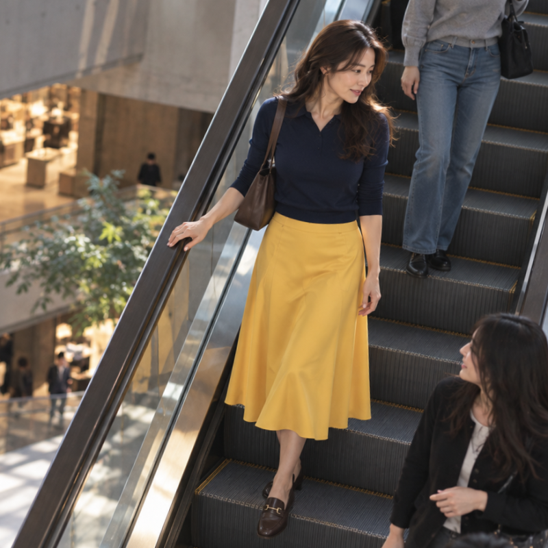 It's even funnier that we're pretending not to notice each other's clothes... Yellow skirt autumn outfits that changed the vibe the moment the three women gathered.