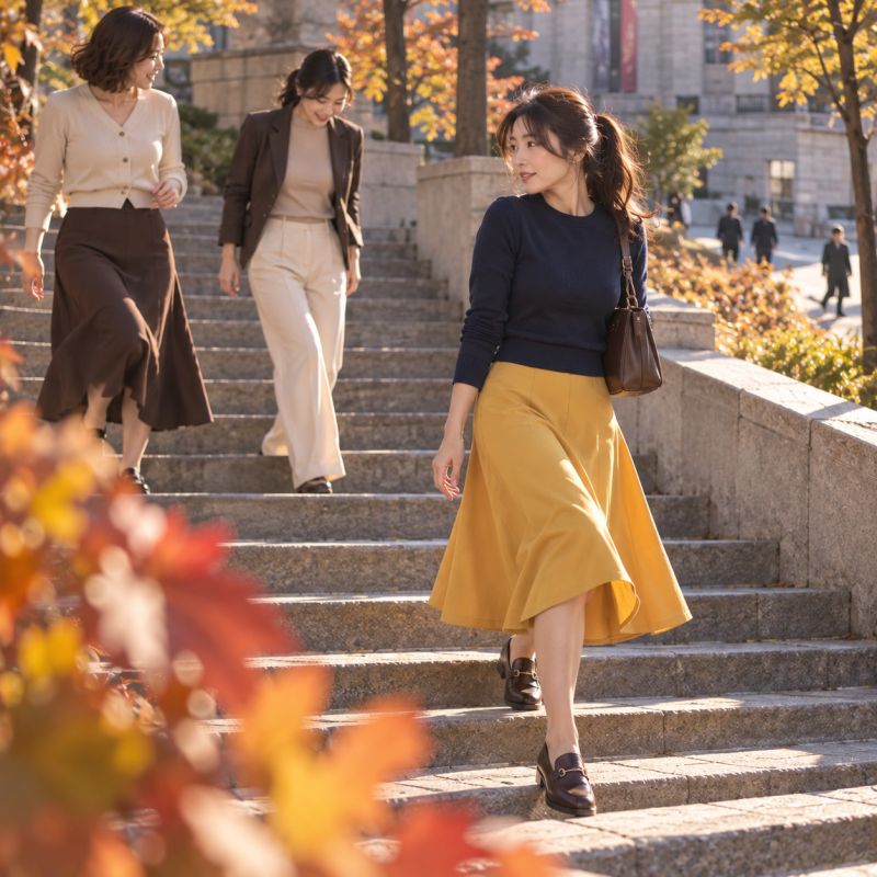 It's even funnier that we're pretending not to notice each other's clothes... Yellow skirt autumn outfits that changed the vibe the moment the three women gathered.