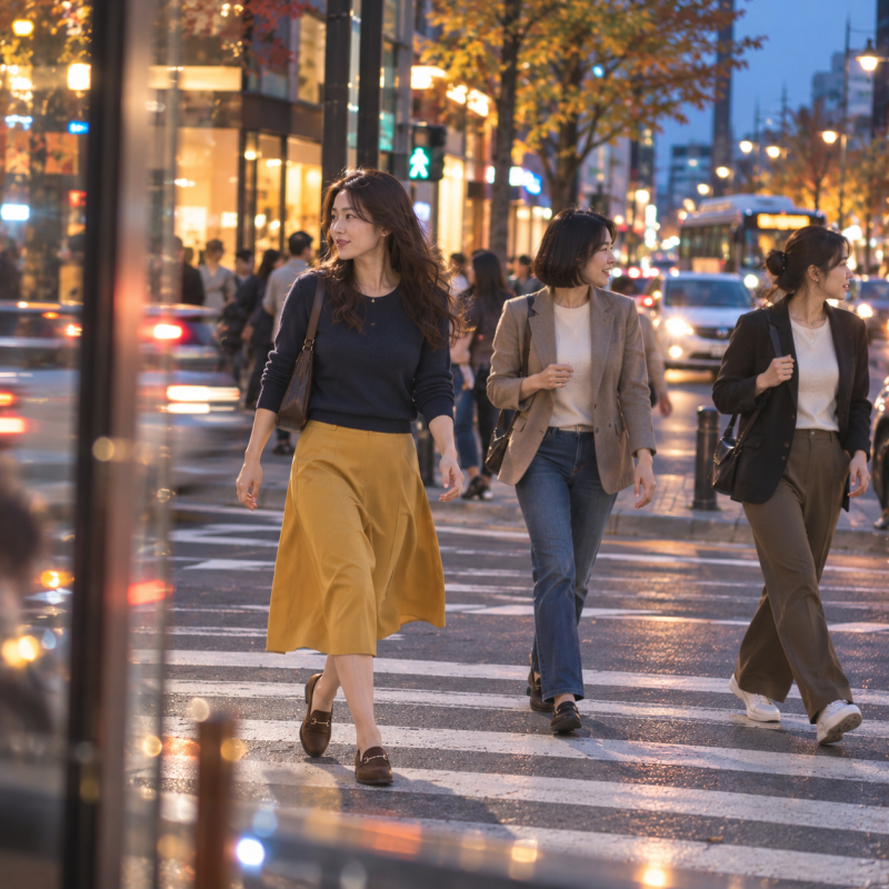 It's even funnier that we're pretending not to notice each other's clothes... Yellow skirt autumn outfits that changed the vibe the moment the three women gathered.
