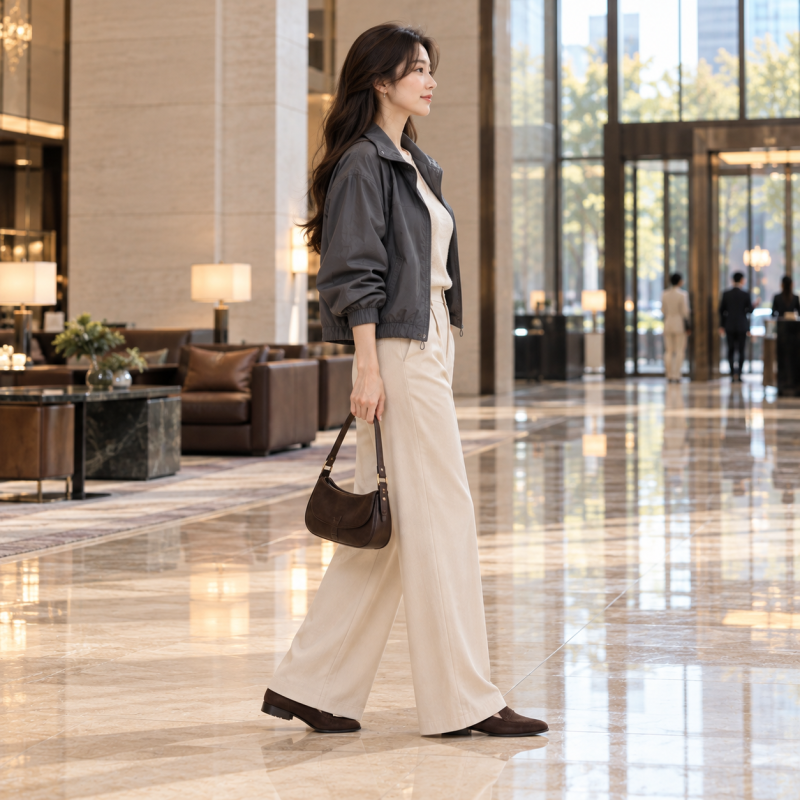 My friend looks stylish, but I look like I'm in sportswear... Why you should wear wide-leg pants with a women's autumn windbreaker