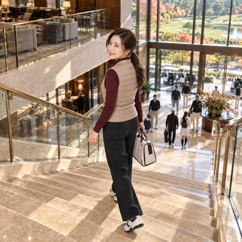 Looking at my golf round photos, why does my upper body look so big... Women's autumn golf padded vest styling for a slim silhouette