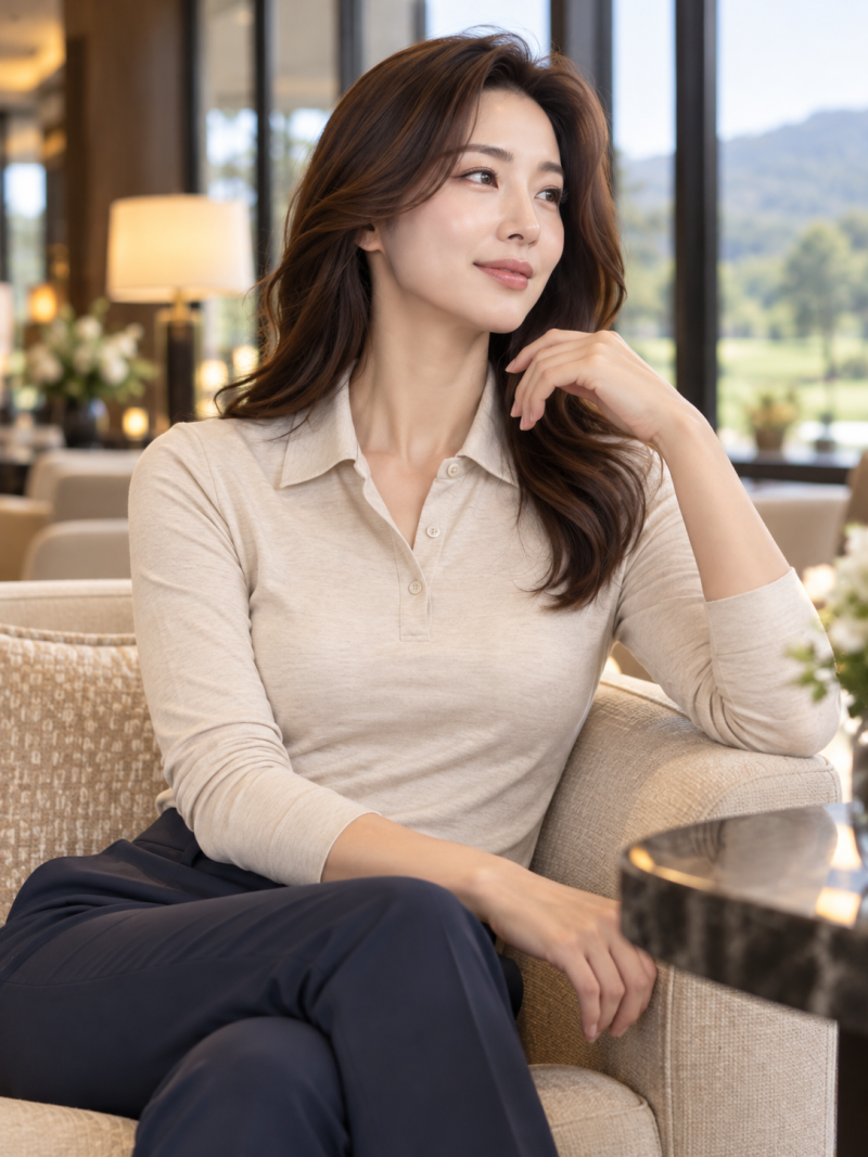Who knew a shirt without a single logo could look this pretty? The reason why a plain beige polo shirt goes so well with a golf look for women in their 40s.