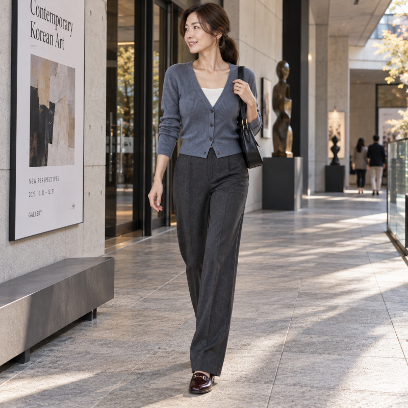 "Three friends are sitting side by side, but why am I the only one who looks old?" Autumn outfit ideas for women in their 40s featuring a blue-gray cardigan