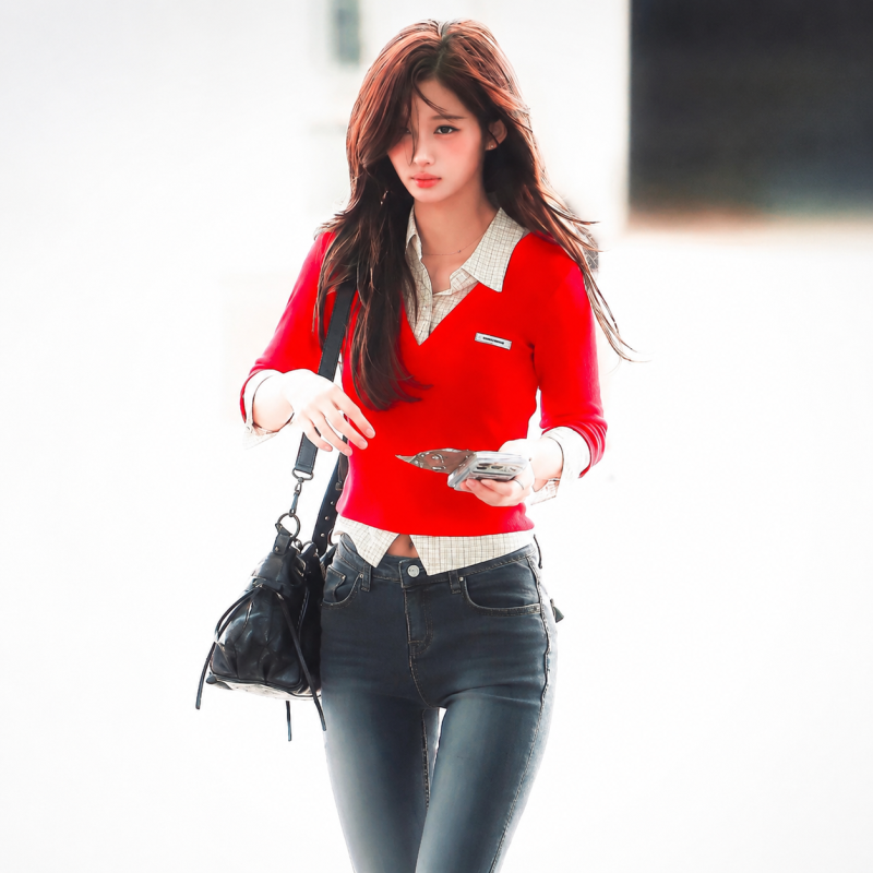 Red knit airport look drops: most expensive detail turned out to be a 3.25M won black bucket bag